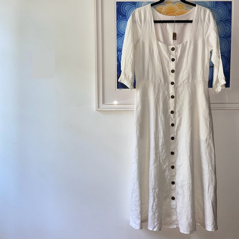 White Linen Button Front Sundress Flared Skirt L Large Tuscan Villa